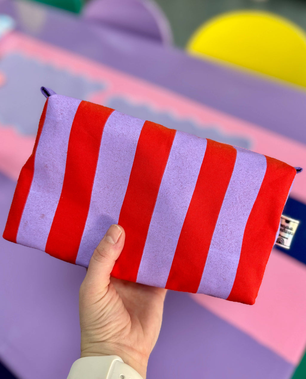 Handprinted Boxy pouch Pink and Red Stripes 