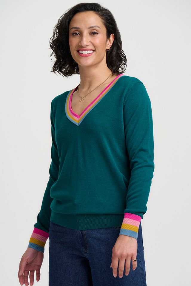 Sugarhill Brighton, Teal Rainbow Stripe Doris V-Neck Jumper