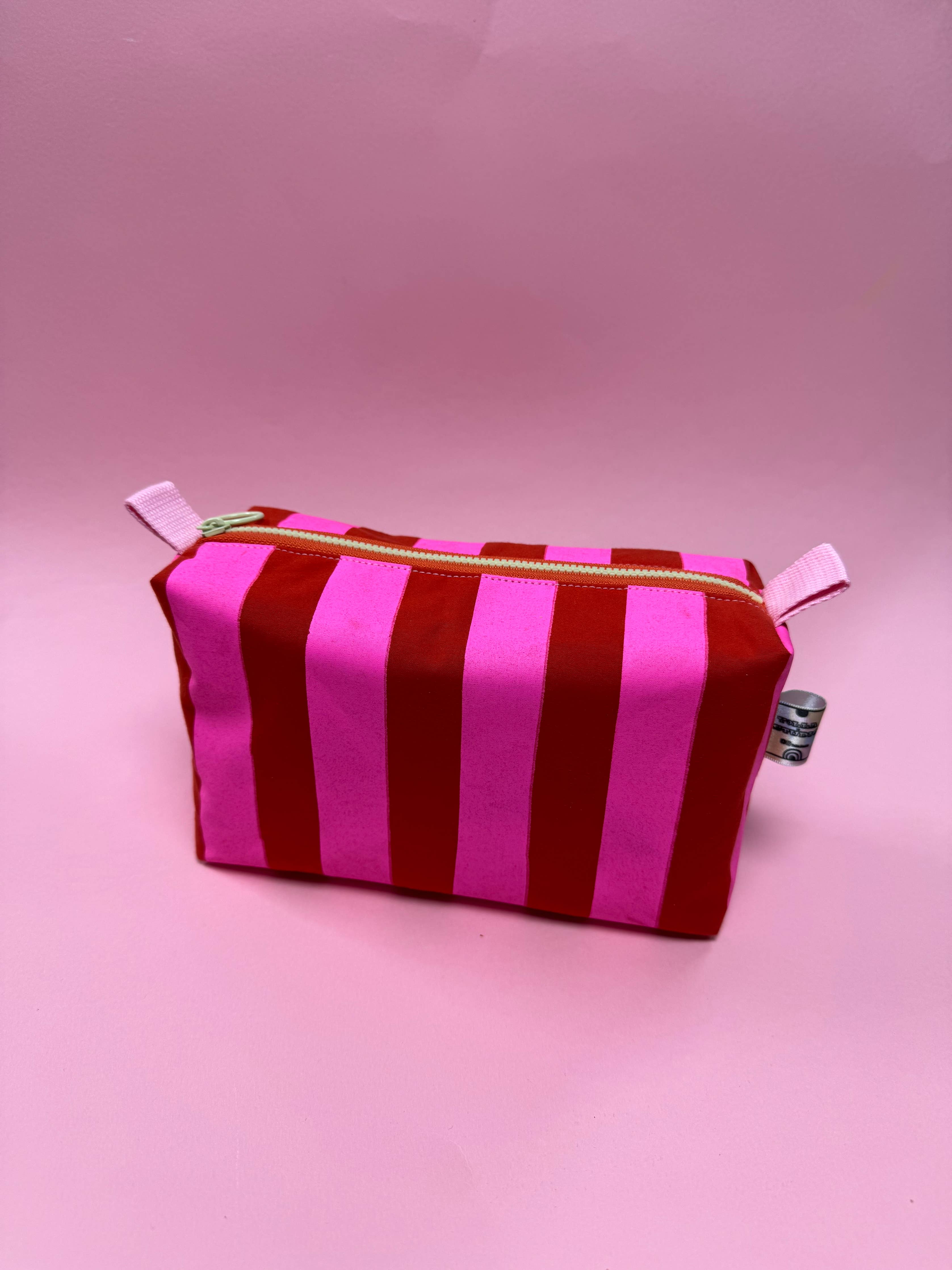 Handprinted Boxy pouch Pink and Red Stripes 