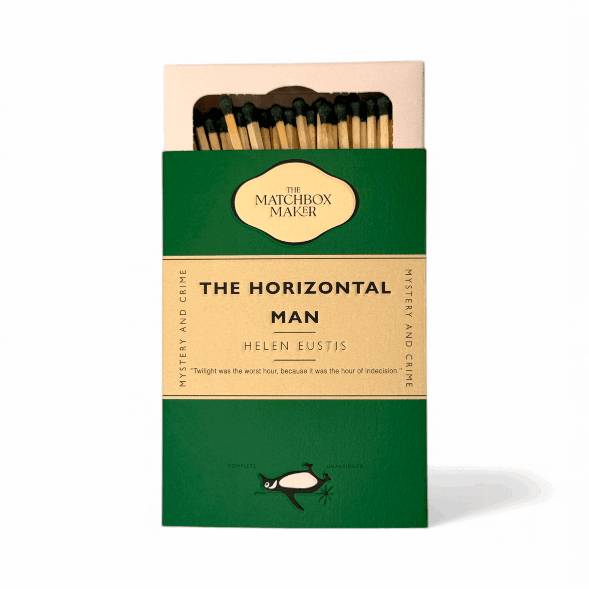 Book titled 'The Horizontal Man' by Helen Eustis with a green and beige cover featuring matches on top.