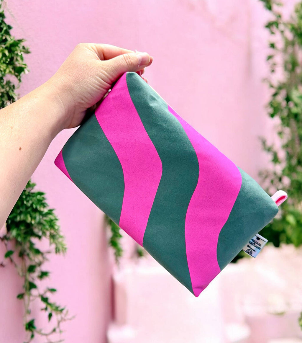Handprinted Boxy pouch Pink and Teal Waves, Cosmetic bag