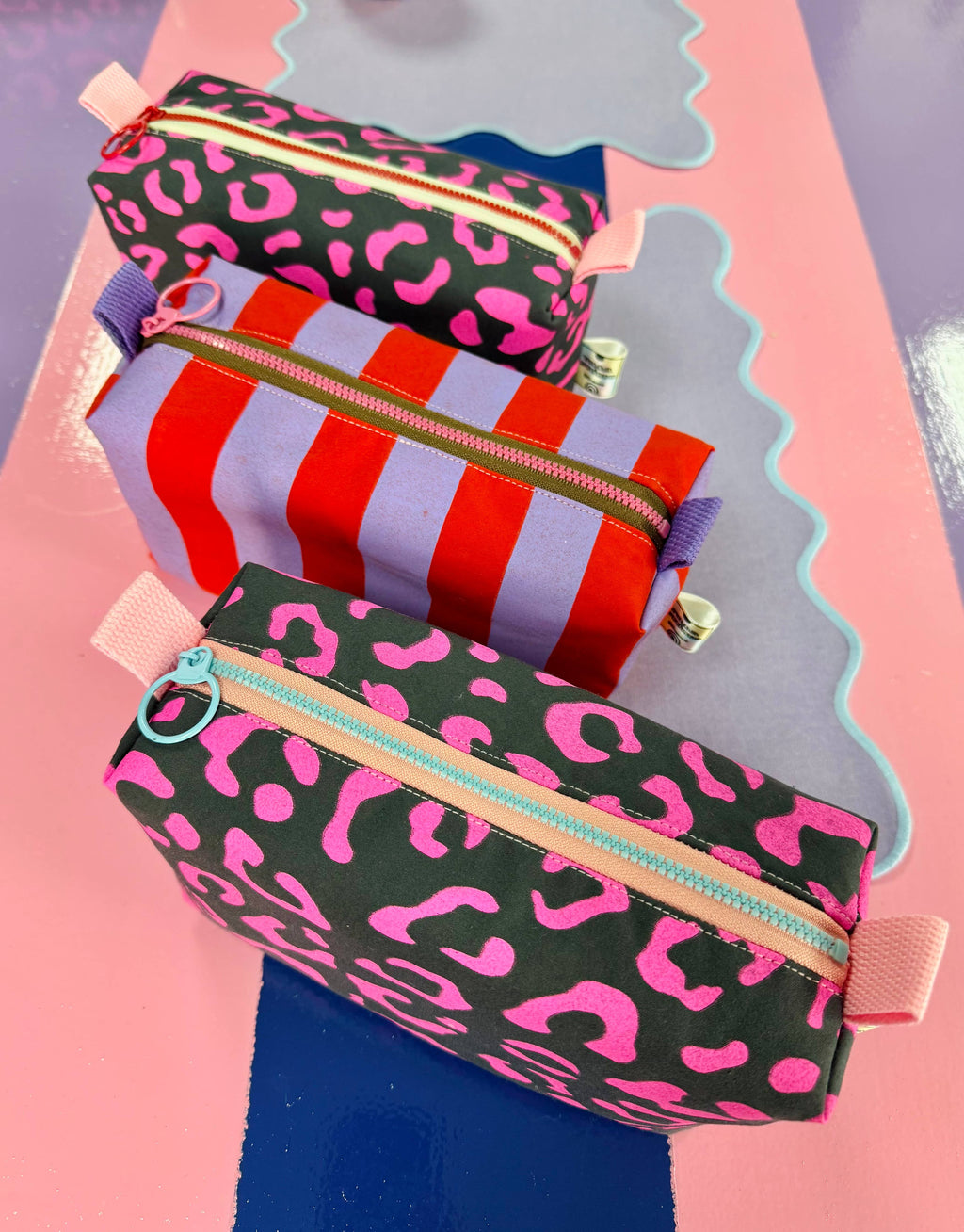 Handprinted Boxy pouch Lilac and Red Stripes, Wash bag 