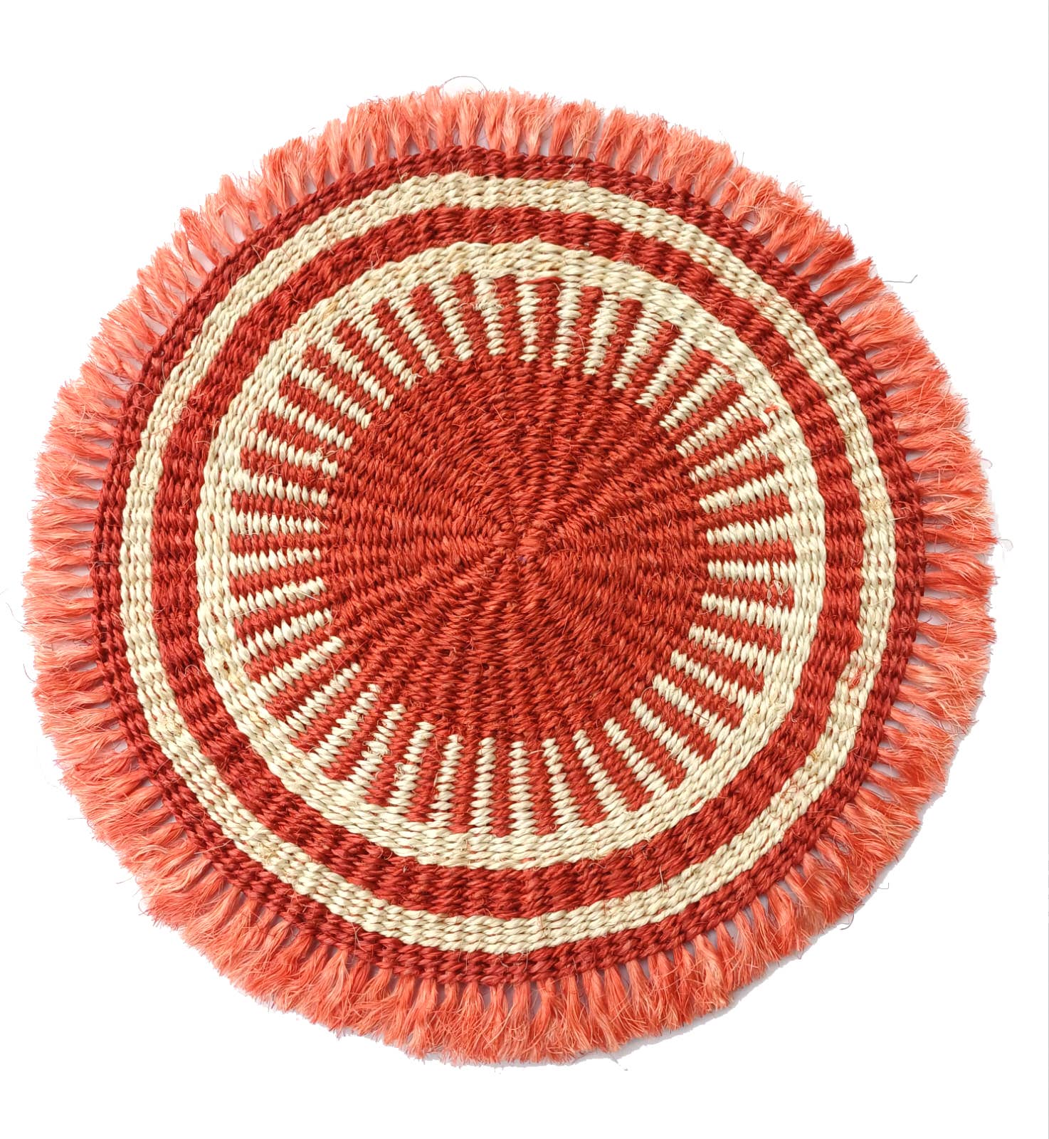 Round woven mat with concentric circle pattern on a white background