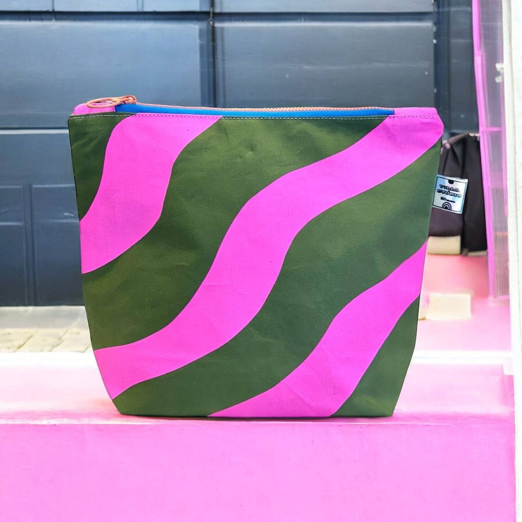 Handprinted cosmetic bag Pink and Green Waves