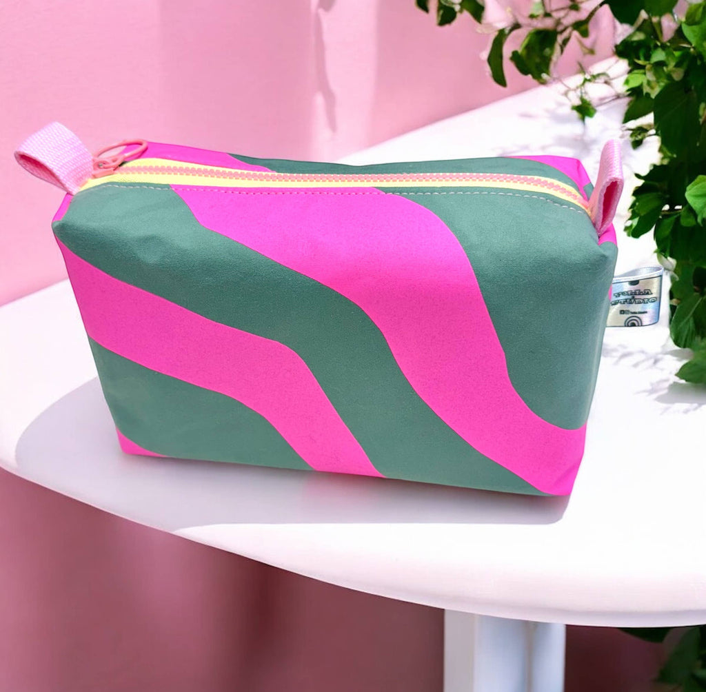 Handprinted Boxy pouch Pink and Teal Waves, Cosmetic bag