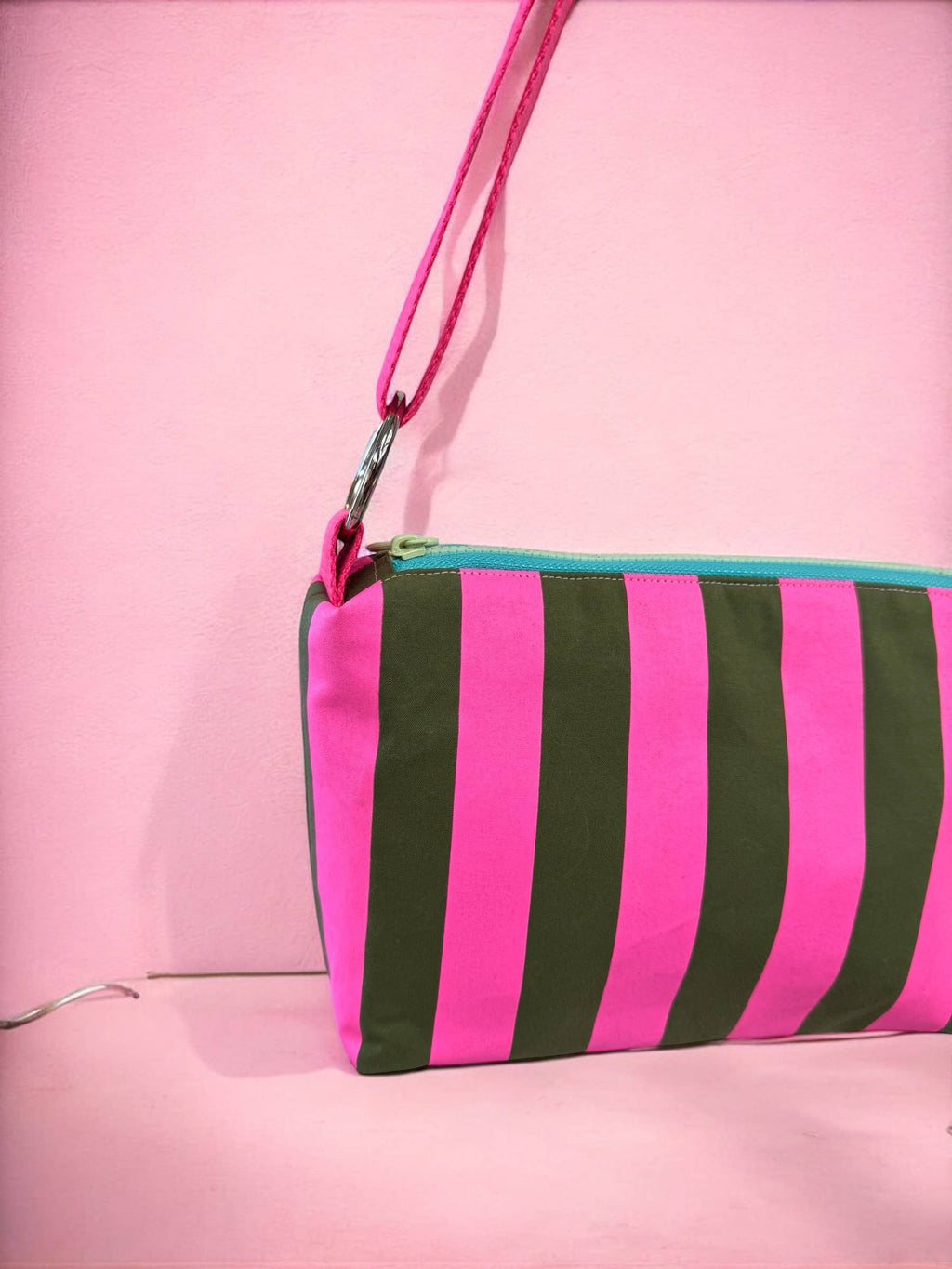 Green and Pink stripes waxed canvas crossbody boxy bag