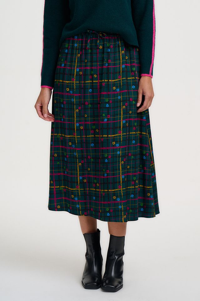 Sugarhill Brighton, Melody Midi Skirt, Teal Green Doodle Check
