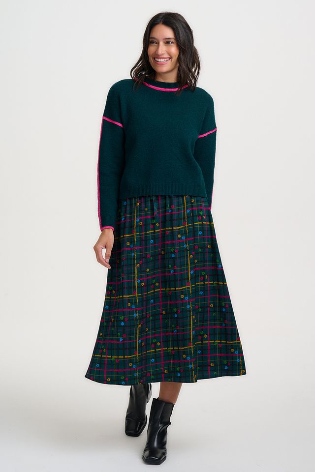 Sugarhill Brighton, Melody Midi Skirt, Teal Green Doodle Check