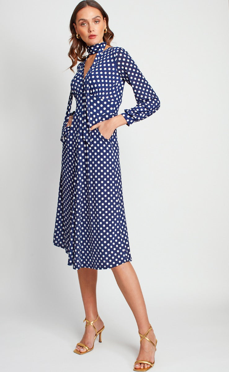 Nell Midi Polka Dot Navy Dress