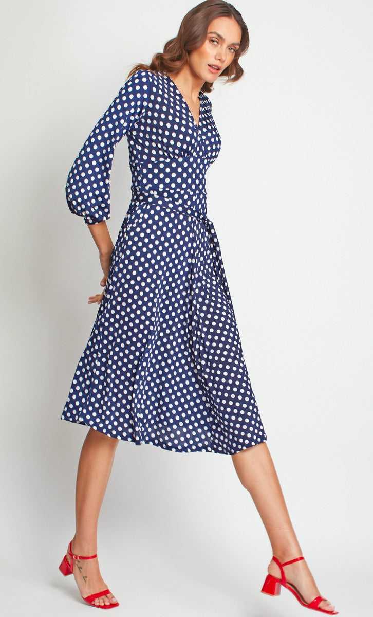 Nell Midi Polka Dot Navy Dress