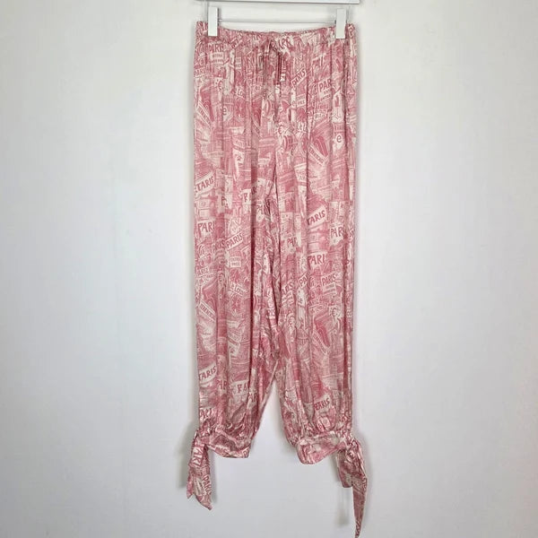 Relaxed satin feel viscose trousers with Paris city print and cute ankle ties