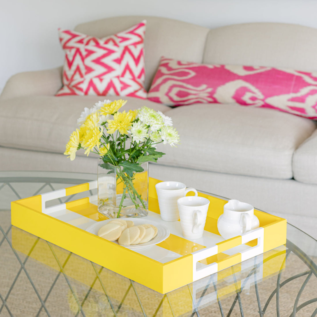 Striped Large Lacquered Ottoman Tray - Yellow